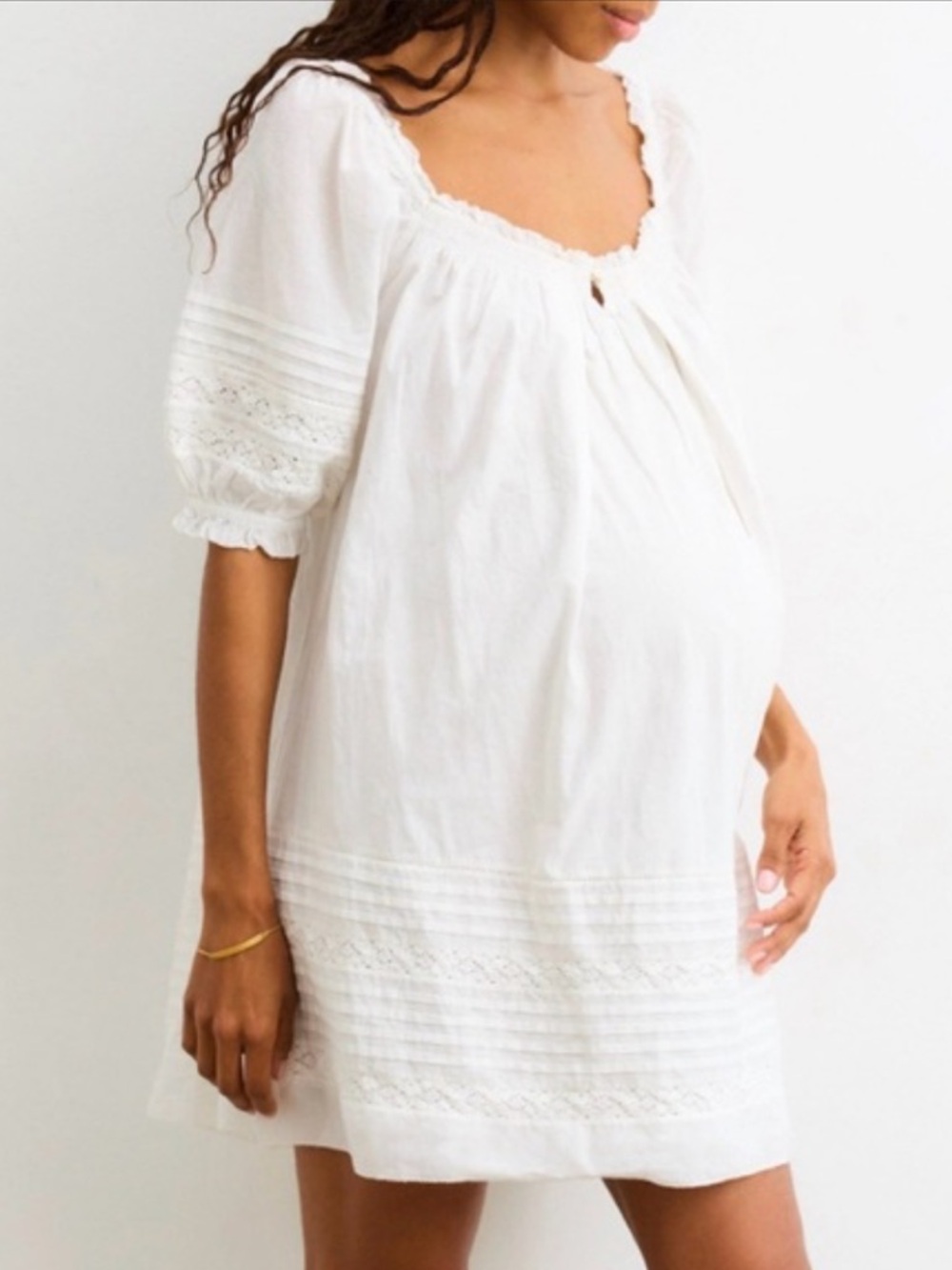 Hatch White Cotton Mini Dress with Lace Trim